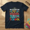 Goodbye Elementary School Hello Middle School text design with school-themed graphics on a navy t-shirt