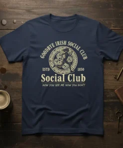 Goodbye Irish Social Club t-shirt design with ESTD 1850 and "Now You See Me Now You Don't" quote, featuring a