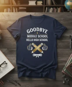 GOODBYE MIDDLE SCHOOL HELLO HIGH SCHOOL text with crossed pencils and graduation scroll graphic on a navy t-shirt