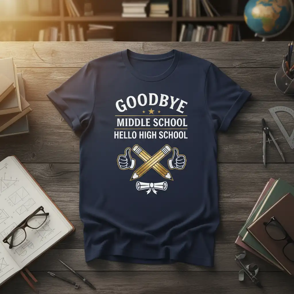 GOODBYE MIDDLE SCHOOL HELLO HIGH SCHOOL text and graphics on a navy blue graduation t-shirt