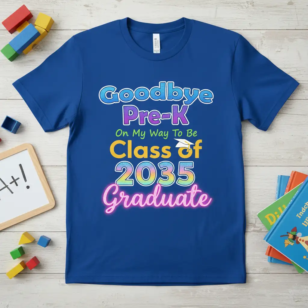 Goodbye Pre-K On My Way To Be Class of 2035 Graduate colorful typography on a blue shirt for graduation