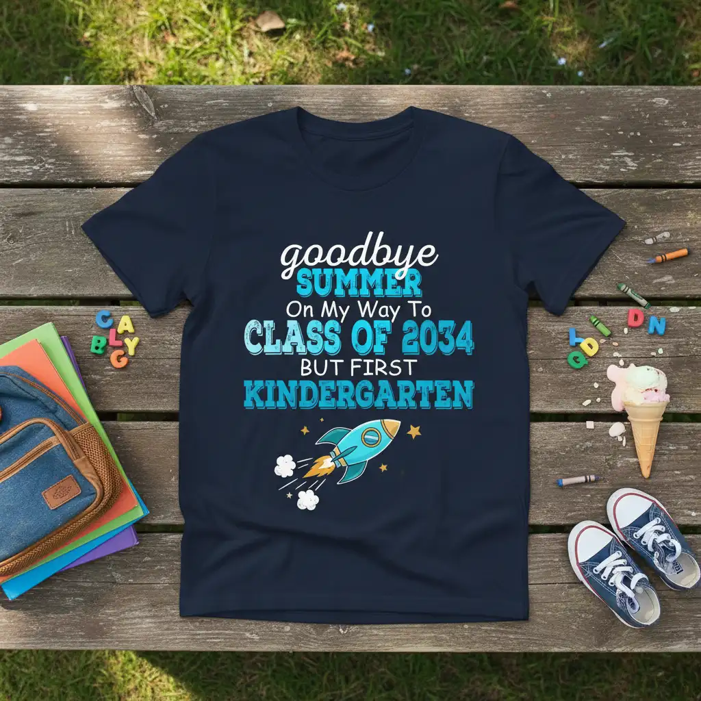 Goodbye Summer On My Way To Class Of 2034 But First Kindergarten text design with rocket graphic on t-shirt