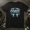 Black t-shirt with the word "GOOSE" in large, stylized letters, flanked by geometric geese and wing designs