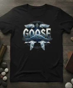 Black t-shirt with the word "GOOSE" in large, stylized letters, flanked by geometric geese and wing designs