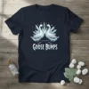 GOOSE BUMPS text with two white geese facing each other in front of icy crystal graphics on a navy t-shirt