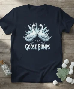 GOOSE BUMPS text with two white geese facing each other in front of icy crystal graphics on a navy t-shirt