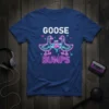 Neon "GOOSE BUMPS BUMP BUMP" text and stylized geese graphic on a blue t-shirt