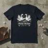 Goose Bumps t-shirt design featuring two white geese facing each other over a wave, with decorative elements and text "Goose
