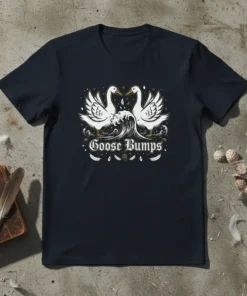 Goose Bumps t-shirt design featuring two white geese facing each other over a wave, with decorative elements and text "Goose