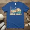 Goose Bumps t-shirt design with geese playing volleyball on the beach, retro sunset background