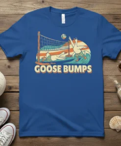 Goose Bumps t-shirt design with geese playing volleyball on the beach, retro sunset background