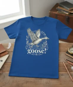Blue t-shirt with "goose!" text and a detailed illustration of a flying goose in a decorative oval frame