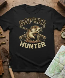 Black t-shirt with "Gopher Hunter" text and graphic of a gopher emerging from the ground with crossed rifles