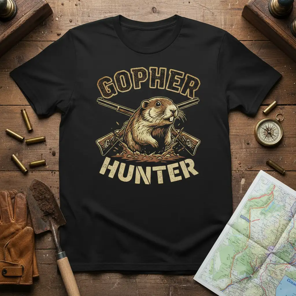 Gopher Hunter t-shirt design featuring a gopher emerging from dirt with crossed rifles and bold text