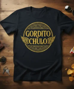 Gordito Chulo Spanish quote t-shirt design with golden wings and circular tribal pattern