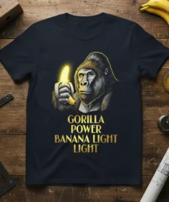 Gorilla holding a glowing banana with text "Gorilla Power Banana Light Light" on a navy t-shirt