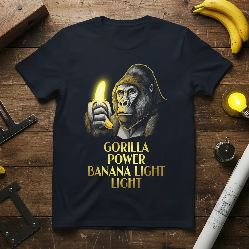 Gorilla Power Banana Light Light text design with a detailed gorilla illustration holding a glowing banana