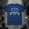 Gorilla Strength text and powerful gorilla lifting barbell graphic on a navy blue t-shirt for gym fitness