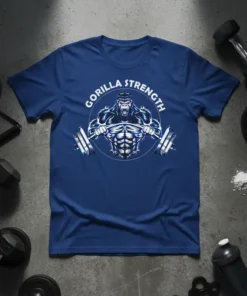Gorilla Strength text and powerful gorilla lifting barbell graphic on a navy blue t-shirt for gym fitness