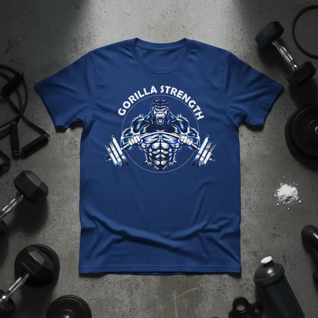 Gorilla Strength design featuring a muscular ape lifting a barbell, perfect for workout motivation and gym apparel