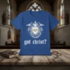 Got Christ? t-shirt with a sacred heart, crown, and wings graphic in white and gold