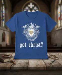 Got Christ? t-shirt with a sacred heart, crown, and wings graphic in white and gold