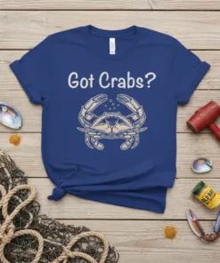 Got Crabs? t-shirt design featuring a cartoon crab illustration and distressed text, perfect for seafood lovers