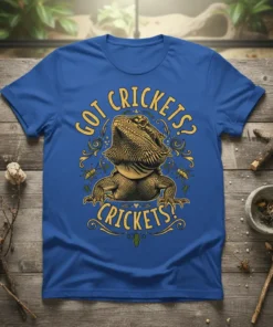 Got Crickets? Crickets! T-Shirt featuring a bearded dragon illustration surrounded by crickets and decorative elements