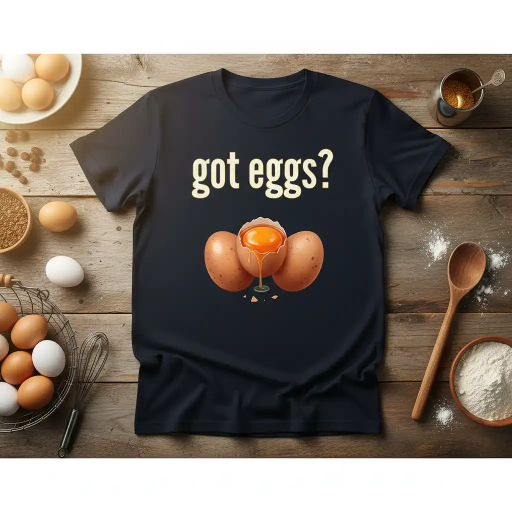 Got Eggs? text and cracked egg graphic on a dark t-shirt, ideal for breakfast enthusiasts and kitchen humor fans
