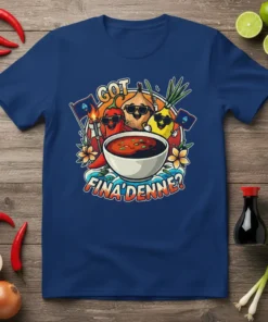 Got Finadenne? t-shirt design featuring cartoon chili pepper, onion, and pineapple characters holding Guam flags and a bowl of Fina'denne'