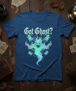 Got Ghost? text with a detailed graphic of a large, glowing green ghost surrounded by smaller ghosts, on a blue