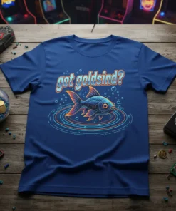 Got Goldsind? T-Shirt with a stylized goldfish swimming in ripples, featuring bubbly text and vibrant colors