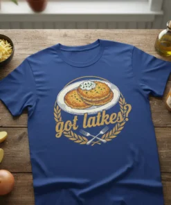 Got latkes? text with illustration of latkes on a plate, forks, and laurel wreath on a blue t-shirt