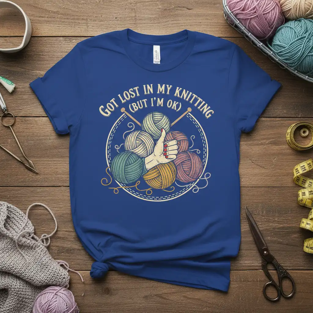 Got Lost In My Knitting (But I'm OK) humorous quote on t-shirt with yarn balls and knitting needles graphic