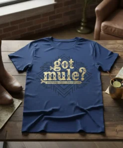 Navy blue t-shirt with gold glitter "got mule?" text and geometric tribal pattern