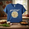 Blue t-shirt with "got pierogi?" text and illustration of three pierogi with sour cream
