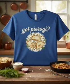 Blue t-shirt with "got pierogi?" text and illustration of three pierogi with sour cream