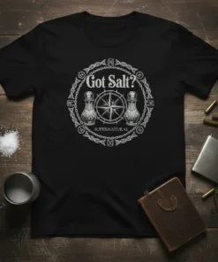 Got Salt Supernatural T-Shirt design with salt shakers, compass, and occult symbols around the text