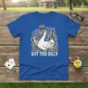 Got Too Silly goose t-shirt design with a cartoon duck in a top hat holding a padlock, surrounded by swirls