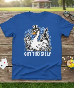 Got Too Silly goose t-shirt design with a cartoon duck in a top hat holding a padlock, surrounded by swirls