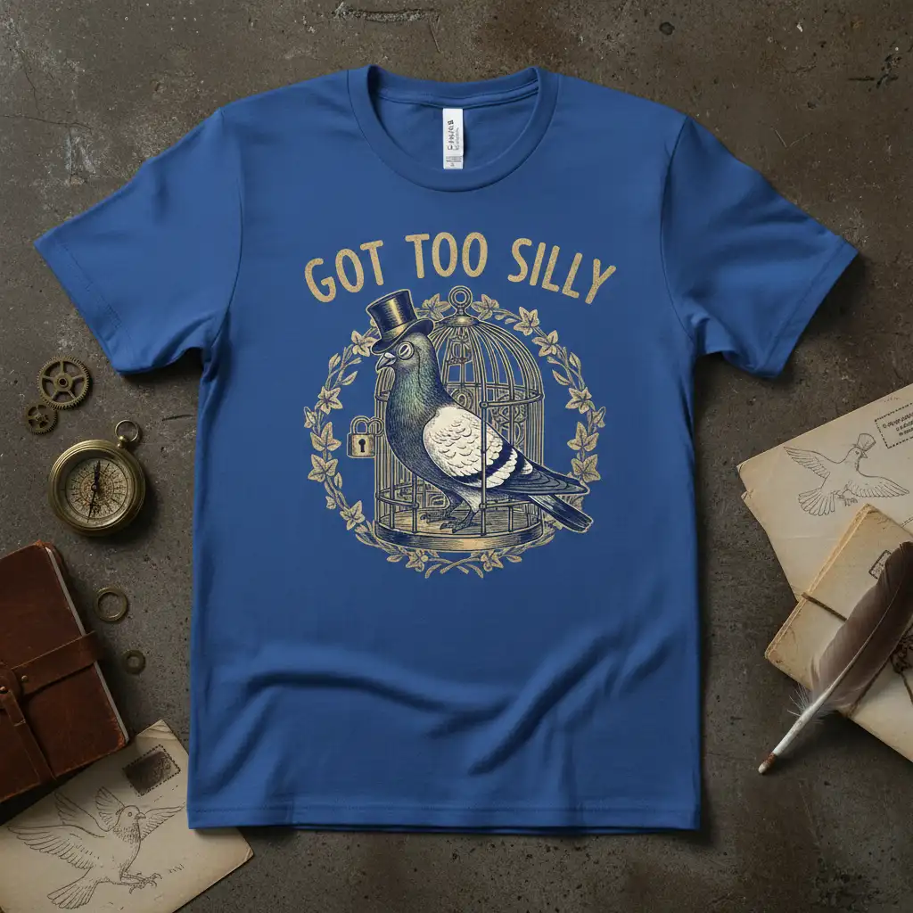 Got Too Silly phrase with a dapper pigeon wearing a top hat in a cage design
