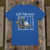 Got Too Silly text above a pigeon in a cage on a blue t-shirt design