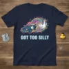 Got Too Silly T-Shirt design showing a police car chasing a running duck with colorful swirls