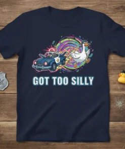 Got Too Silly T-Shirt design showing a police car chasing a running duck with colorful swirls