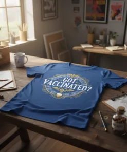 Blue t-shirt with white text "Got Vaccinated?" in a circular design featuring a caduceus symbol and decorative border
