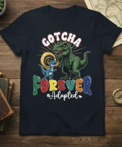 Gotcha Forever Adopted dinosaur t-shirt design with two T-Rex dinosaurs and colorful lettering