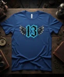 Blue t-shirt with the number 13 in gothic font, flanked by detailed steampunk wings with glowing blue outlines and cracked