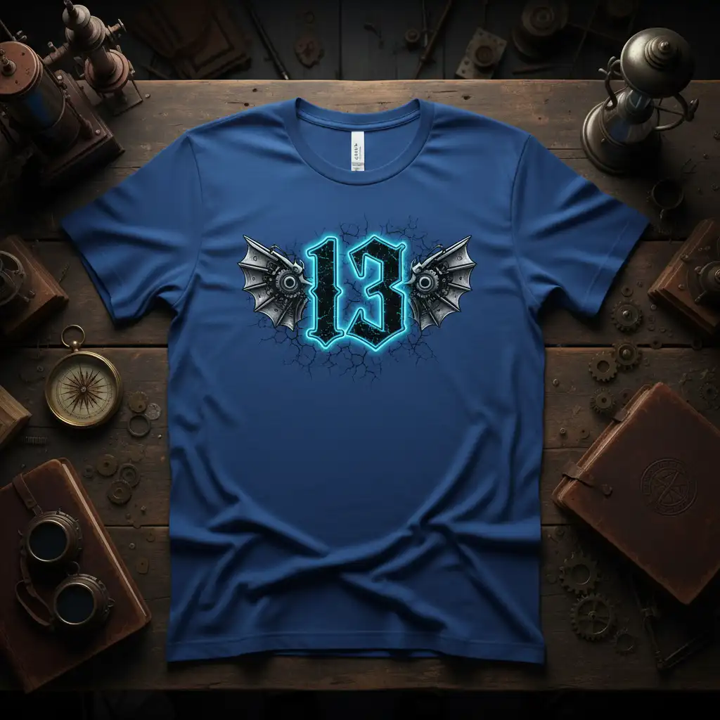 Gothic number 13 design with detailed steampunk wings and cracked texture on a blue t-shirt