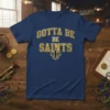 Gotta Be Saints text with a fleur-de-lis logo on a navy blue t-shirt, perfect for football fans