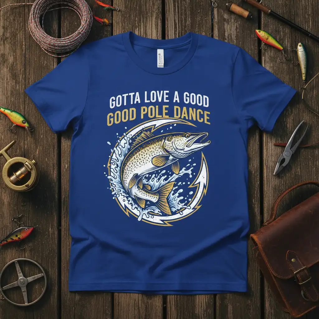 Gotta Love A Good Good Pole Dance quote with a leaping fish illustration on a blue fishing t-shirt